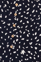 Navy Printed Button Accent Flutter Sleeve Midi Dress