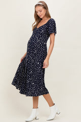 Navy Printed Button Accent Flutter Sleeve Maternity Midi Dress