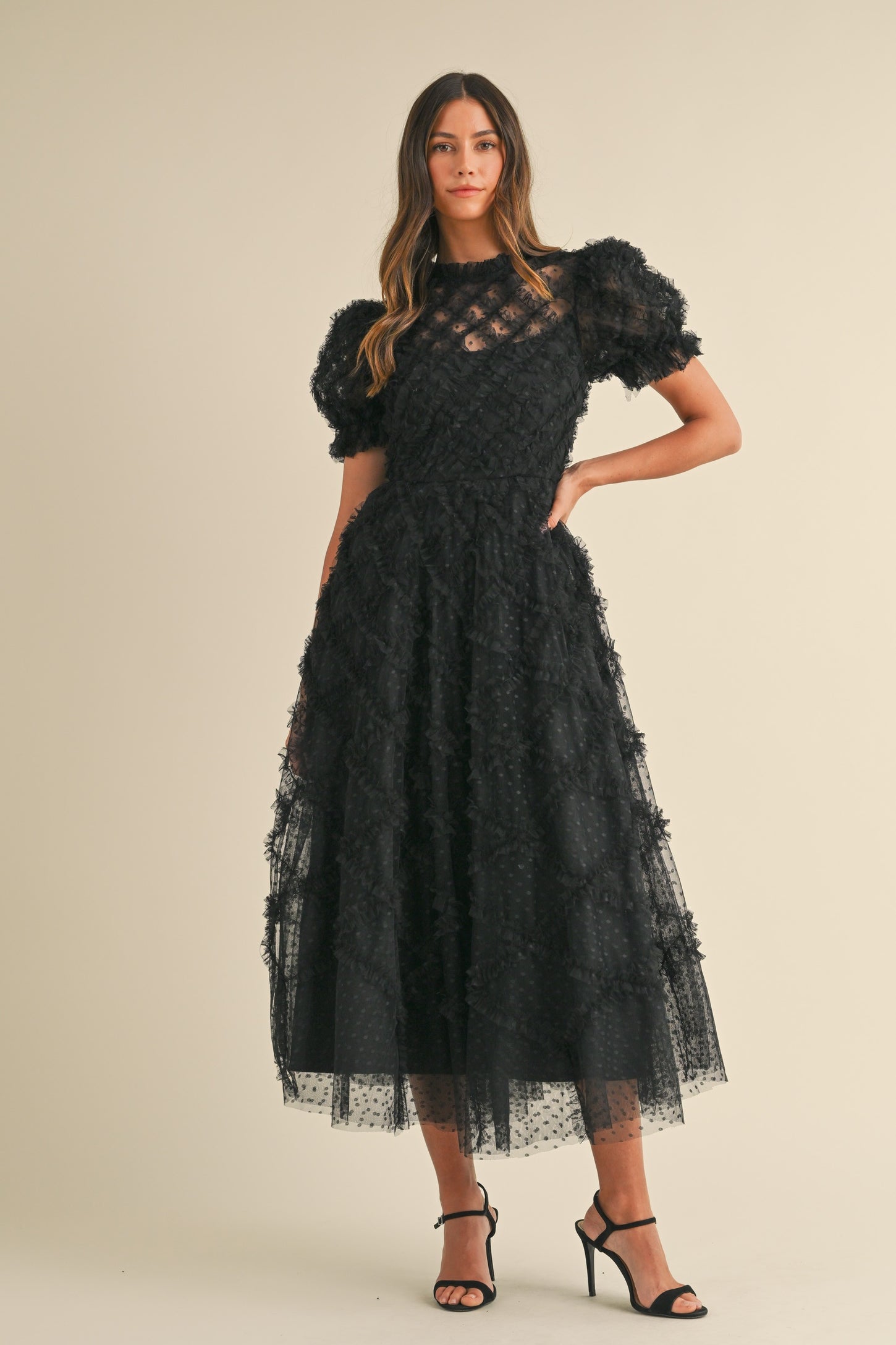 Black Ruffle Detail Swiss Dot Tulle Midi Dress