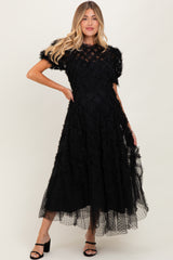 Black Ruffle Detail Swiss Dot Tulle Maternity Midi Dress