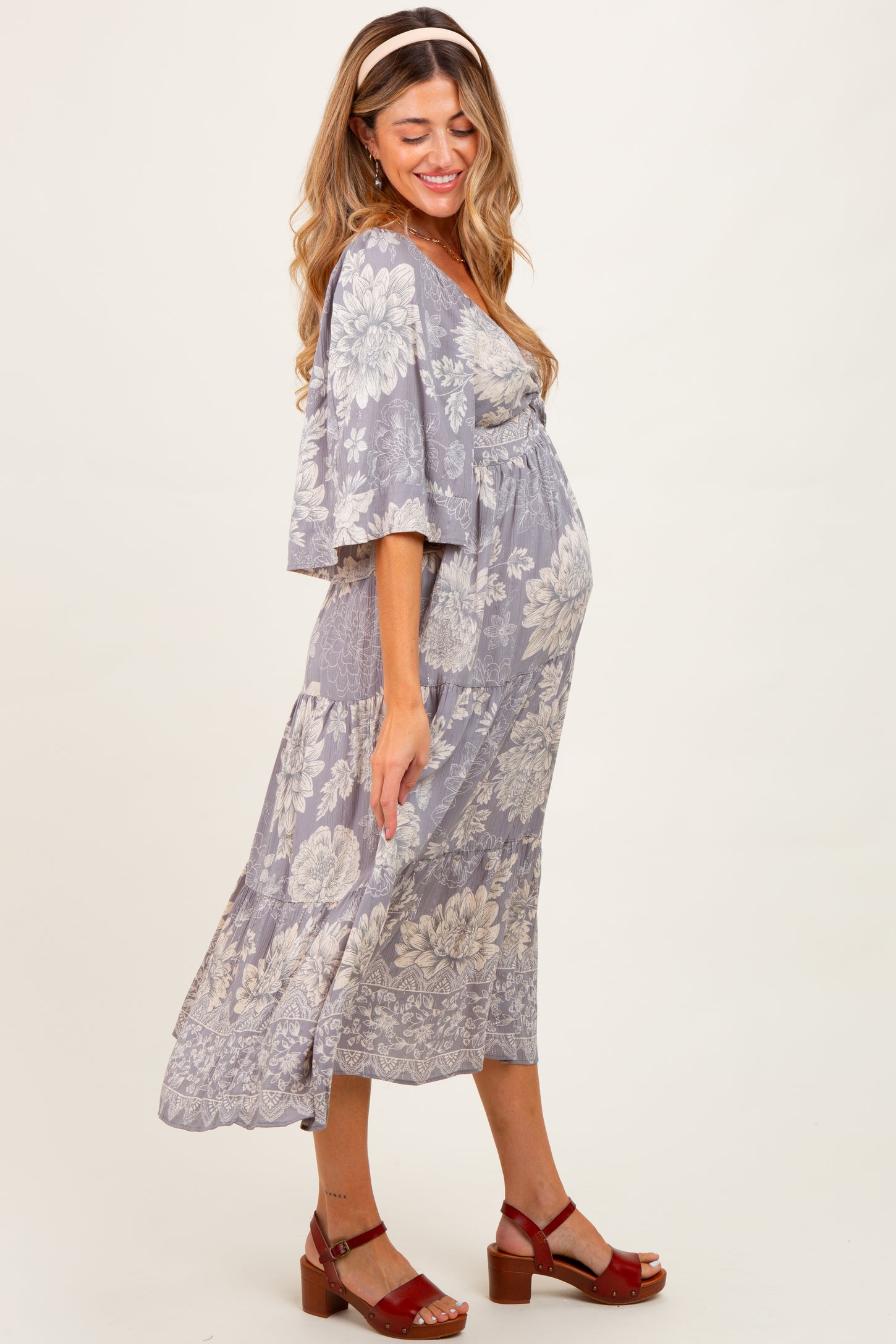 Light Grey Floral Twisted Front Tiered Maternity Midi Dress
