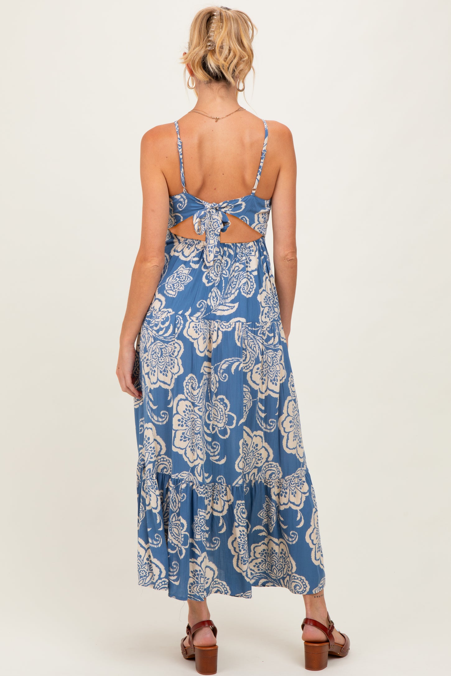 Blue Floral Cutout Tie Back Maternity Midi Dress