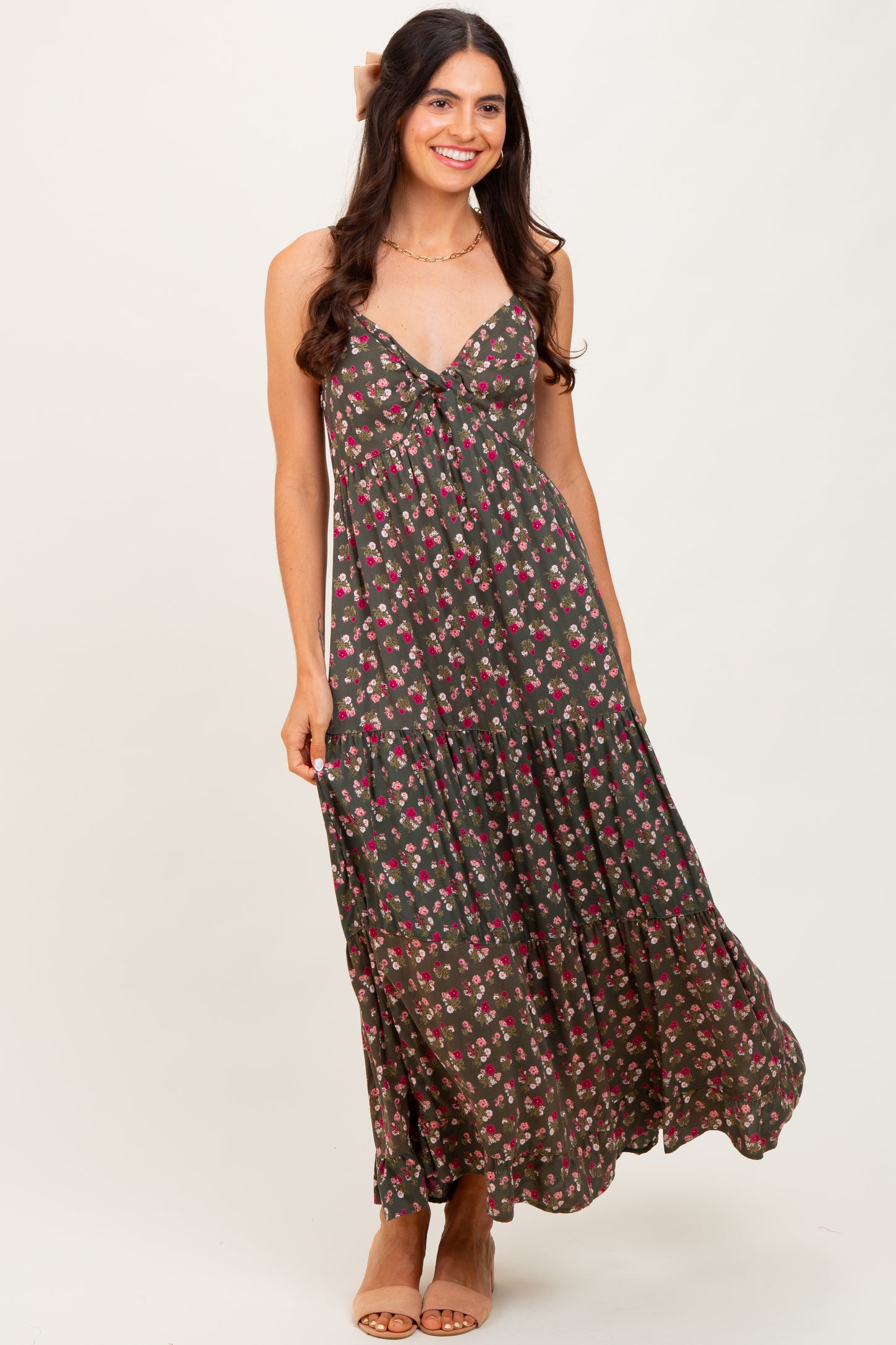 Olive Twist Front Tiered Maternity Midi Dress