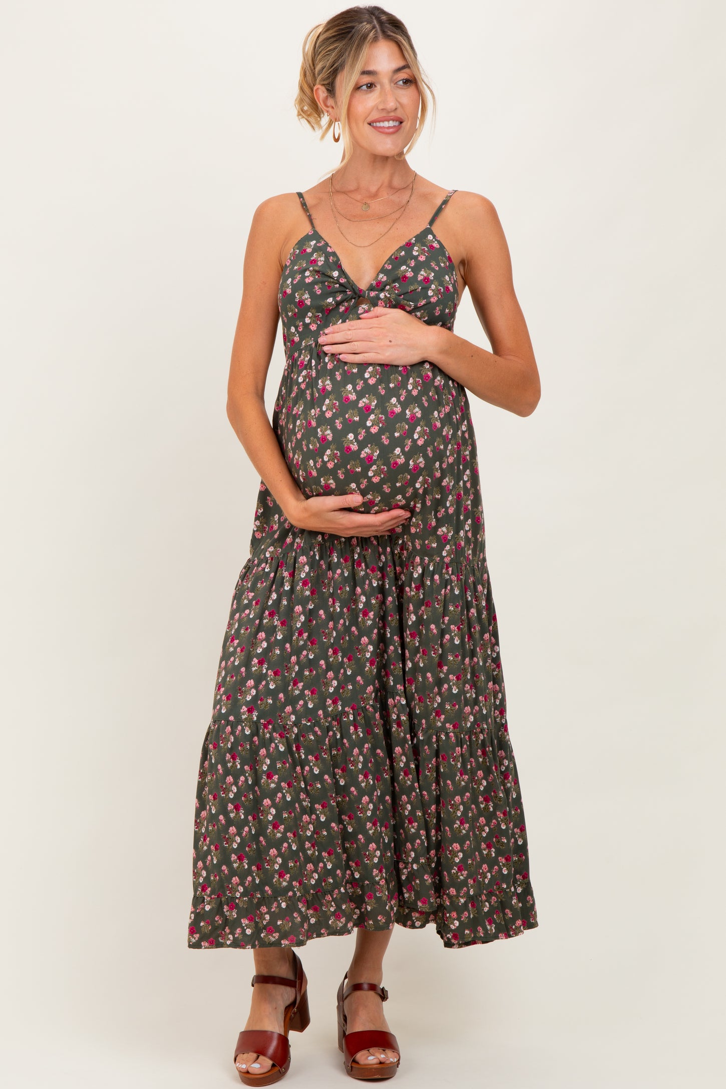 Olive Twist Front Tiered Maternity Midi Dress