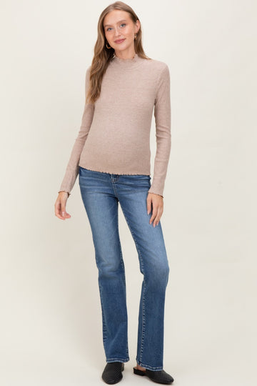 Mocha Lettuce Edge Mock Neck Long Sleeve Rib Maternity Top