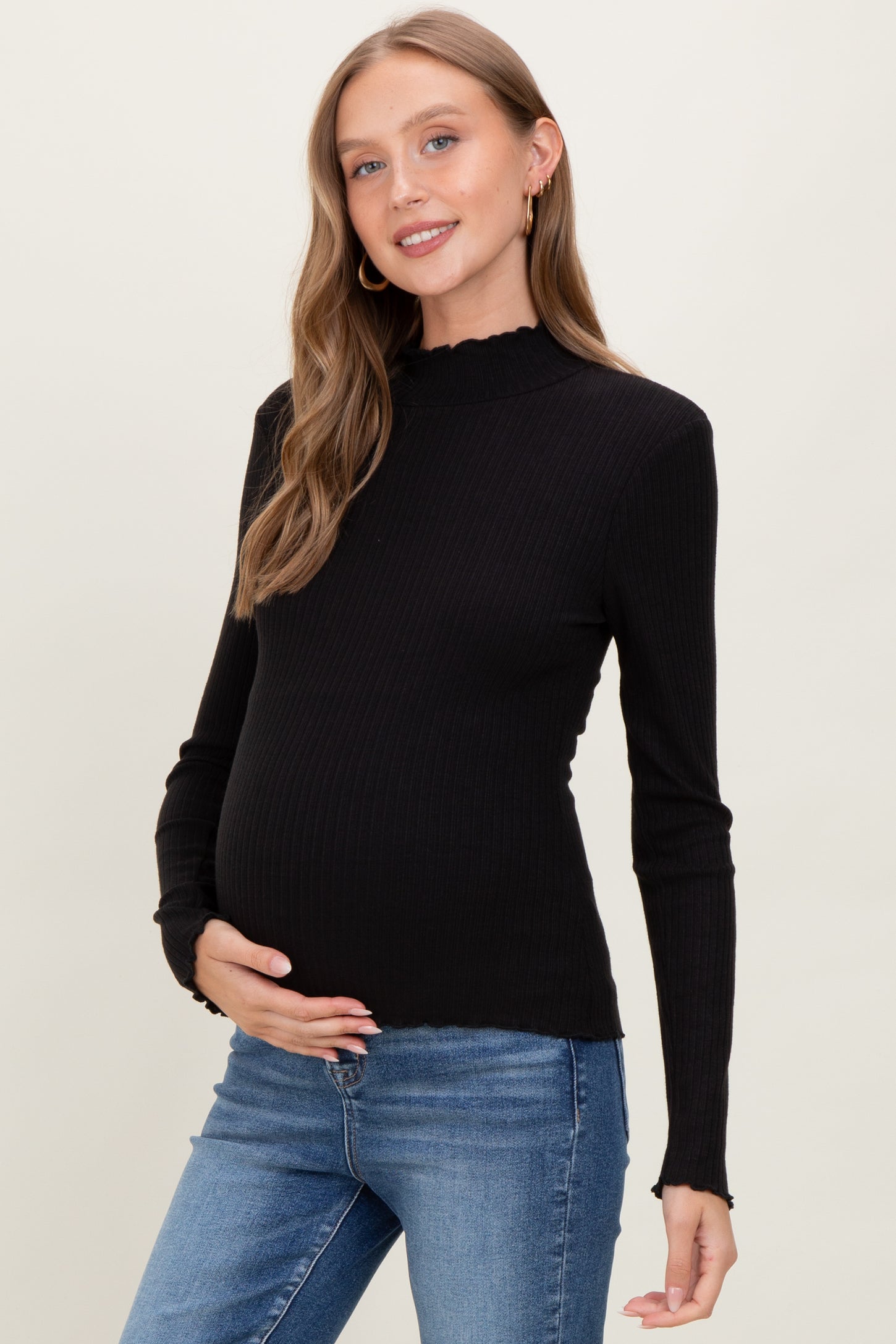 Black Lettuce Edge Mock Neck Long Sleeve Rib Maternity Top