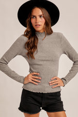 Gray Lettuce Edge Mock Neck Long Sleeve Rib Maternity Top