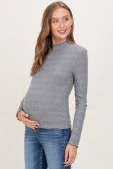 Gray Lettuce Edge Mock Neck Long Sleeve Rib Maternity Top