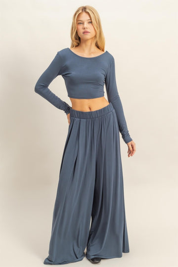 Blue Long-Sleeve Crop Top And Maxi Pants Maternity Set