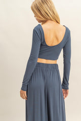 Blue Long-Sleeve Crop Top And Maxi Pants Set