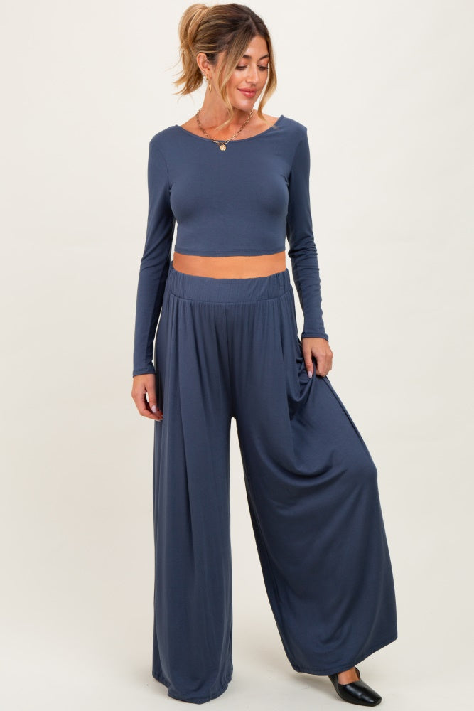 Blue Long-Sleeve Crop Top And Maxi Pants Maternity Set