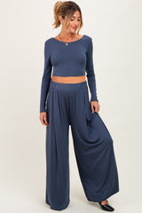 Blue Long-Sleeve Crop Top And Maxi Pants Maternity Set