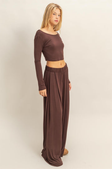 Brown Long-Sleeve Crop Top And Maxi Pants Set