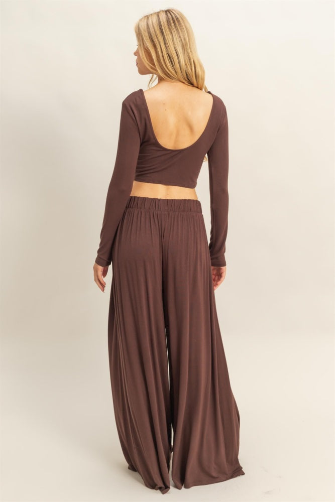 Brown Long-Sleeve Crop Top And Maxi Pants Set
