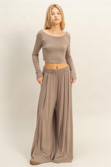 Mocha Long-Sleeve Crop Top And Maxi Pants Set