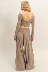 Mocha Long-Sleeve Crop Top And Maxi Pants Set