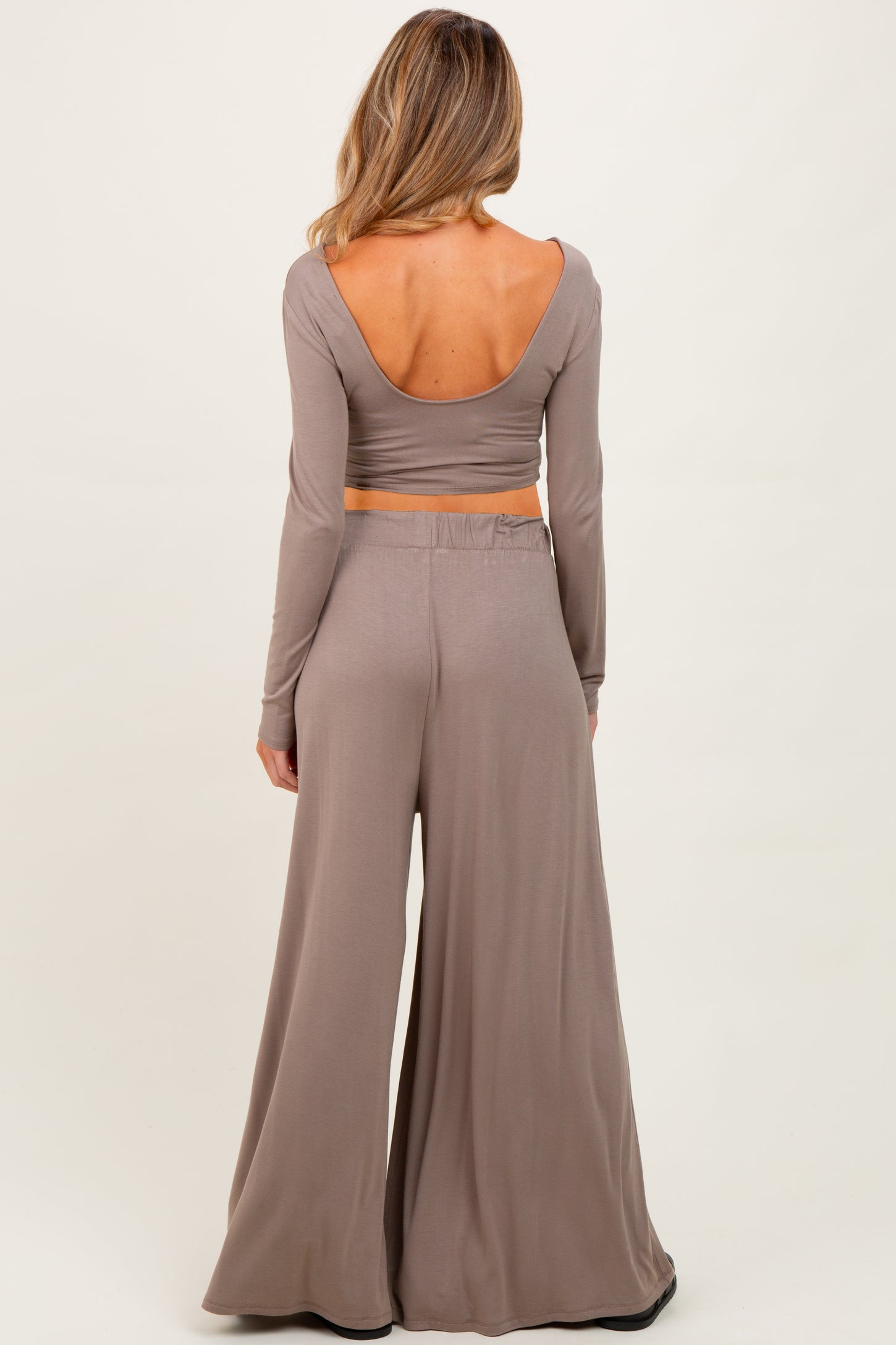 Mocha Long-Sleeve Crop Top And Maxi Pants Maternity Set