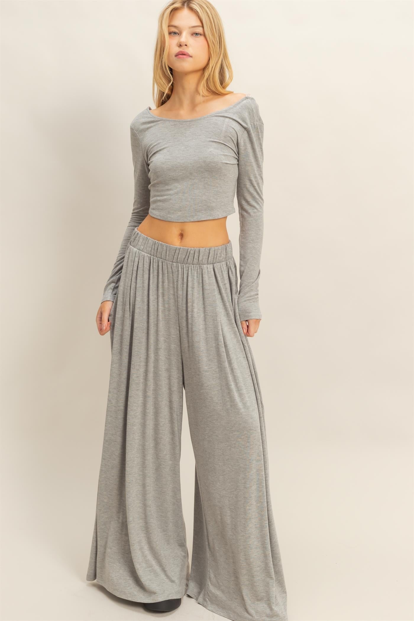 Heather Gray Long-Sleeve Crop Top And Maxi Pants Maternity Set