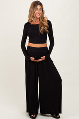 Black Long-Sleeve Crop Top And Maxi Pants Maternity Set