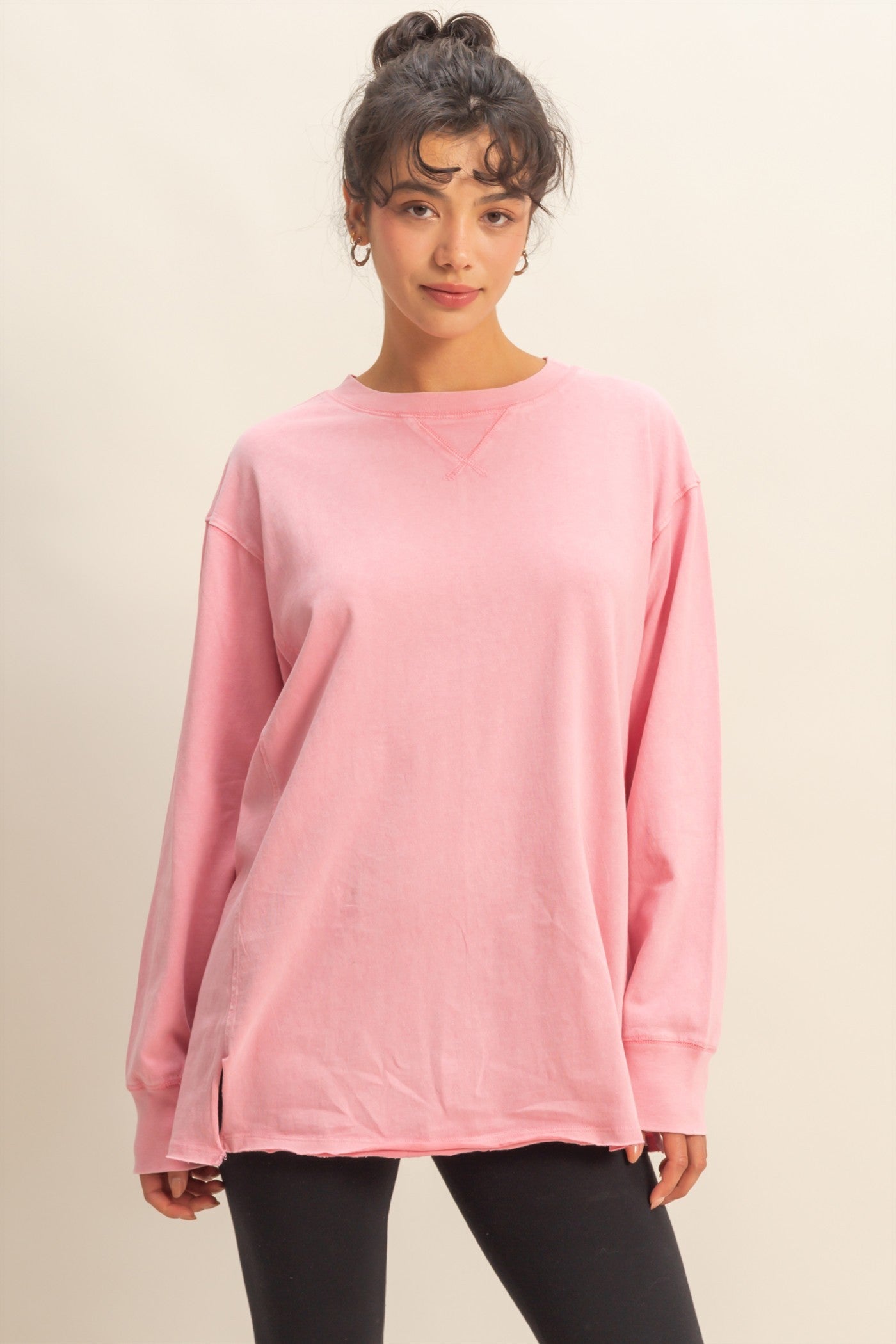 Pink Mineral Washed Drop Shoulder Long Sleeve Maternity Top