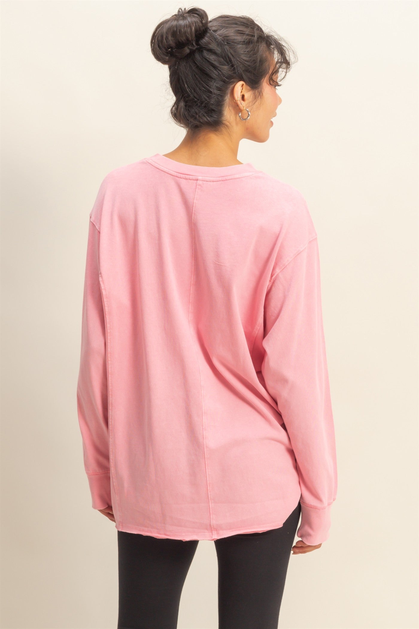 Pink Mineral Washed Drop Shoulder Long Sleeve Top