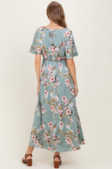 Light Olive Floral Flutter Sleeve Maternity Maxi Dress