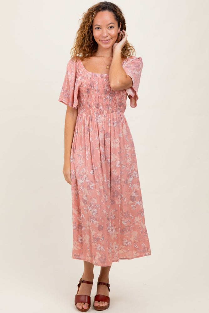 Pink Floral Smocked Midi Dress