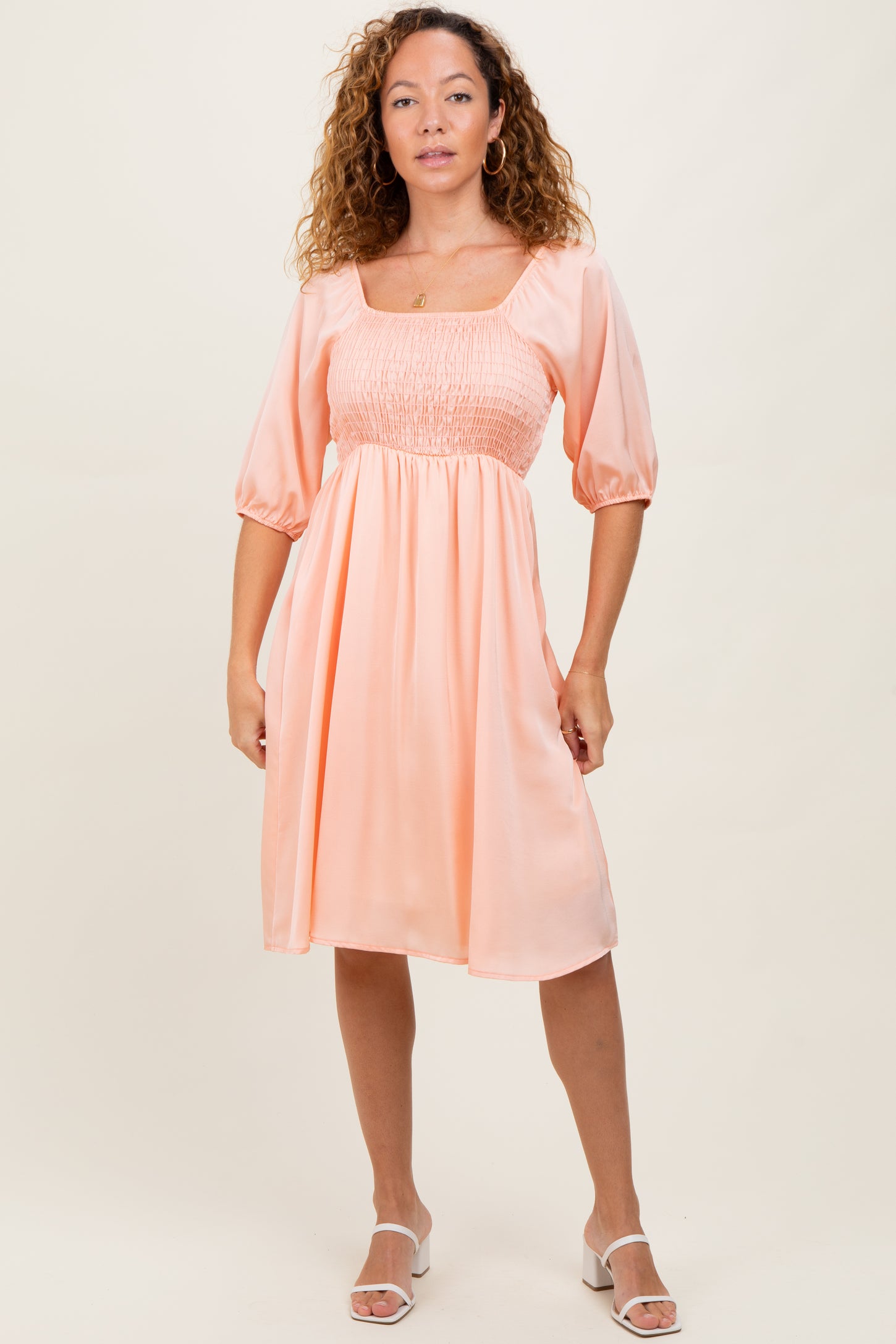 Peach Satin Smocked Midi Dress