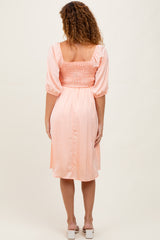 Peach Satin Smocked Midi Dress