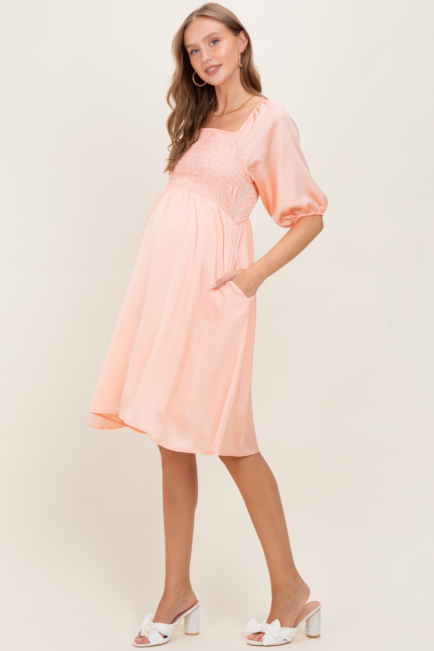 Peach Satin Smocked Maternity Midi Dress
