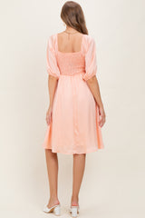 Peach Satin Smocked Maternity Midi Dress