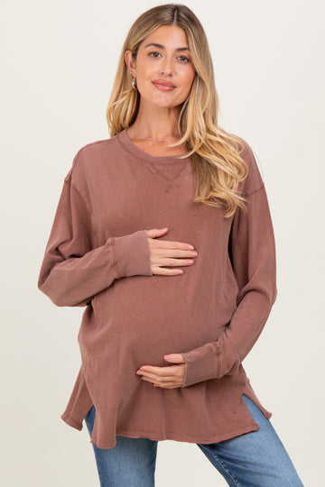Camel Mineral Washed Drop Shoulder Long Sleeve Maternity Top