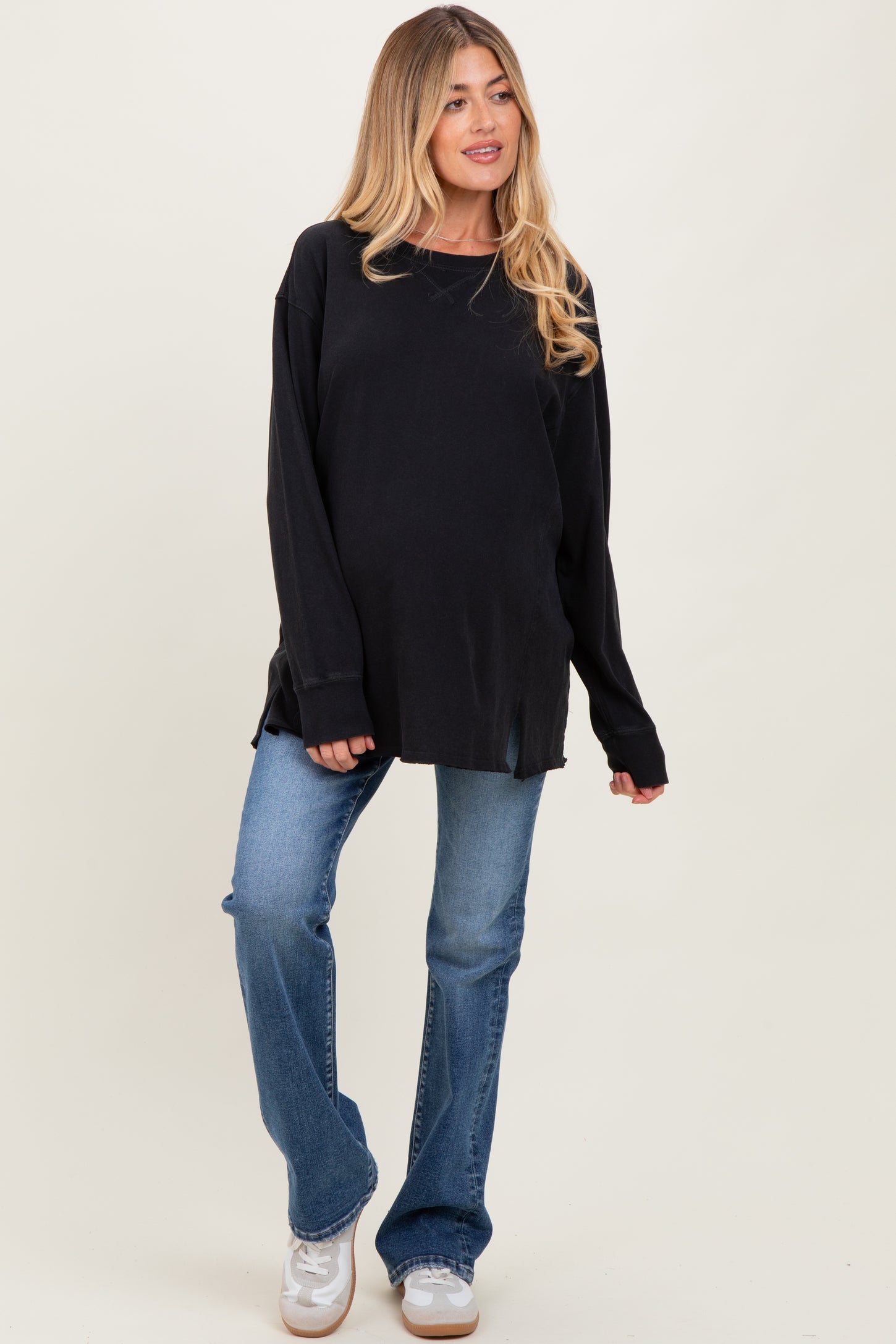 Black Mineral Washed Drop Shoulder Long Sleeve Maternity Top