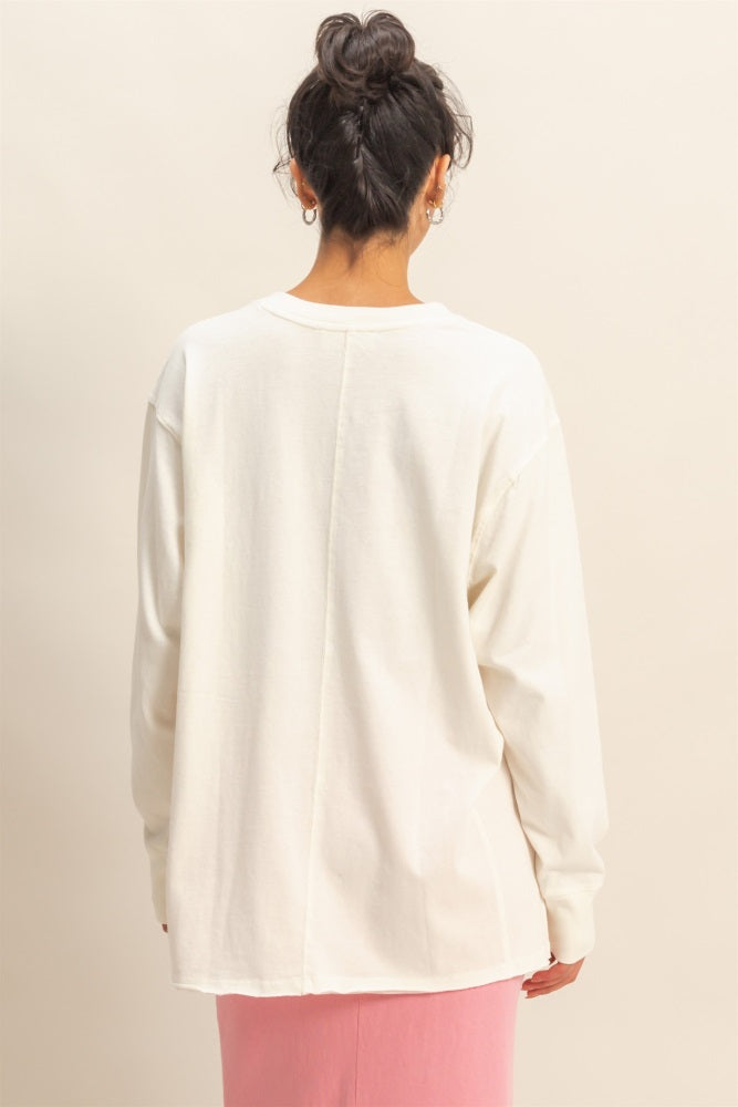 Cream Mineral Washed Drop Shoulder Long Sleeve Top