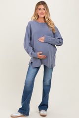 Navy Mineral Washed Drop Shoulder Long Sleeve Maternity Top