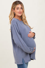 Navy Mineral Washed Drop Shoulder Long Sleeve Maternity Top