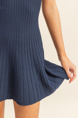 Navy Sleeveless Ribbed Flare Dress