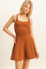 Rust Sleeveless Ribbed Flare Dress
