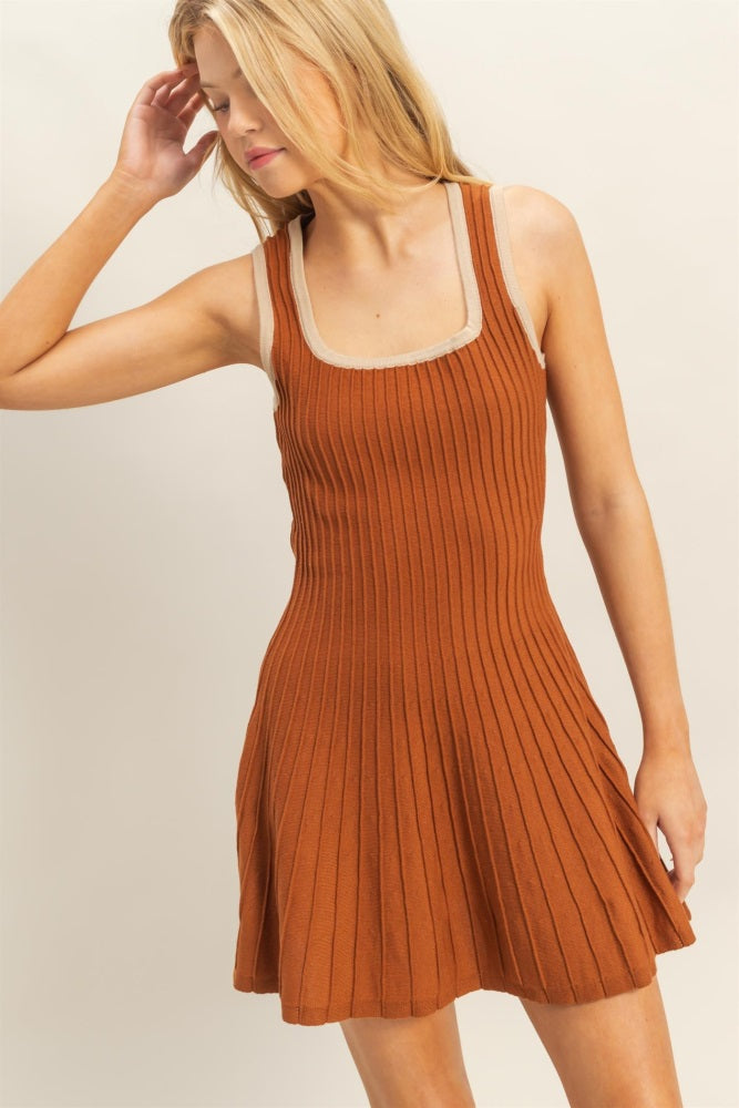 Rust Sleeveless Ribbed Flare Dress