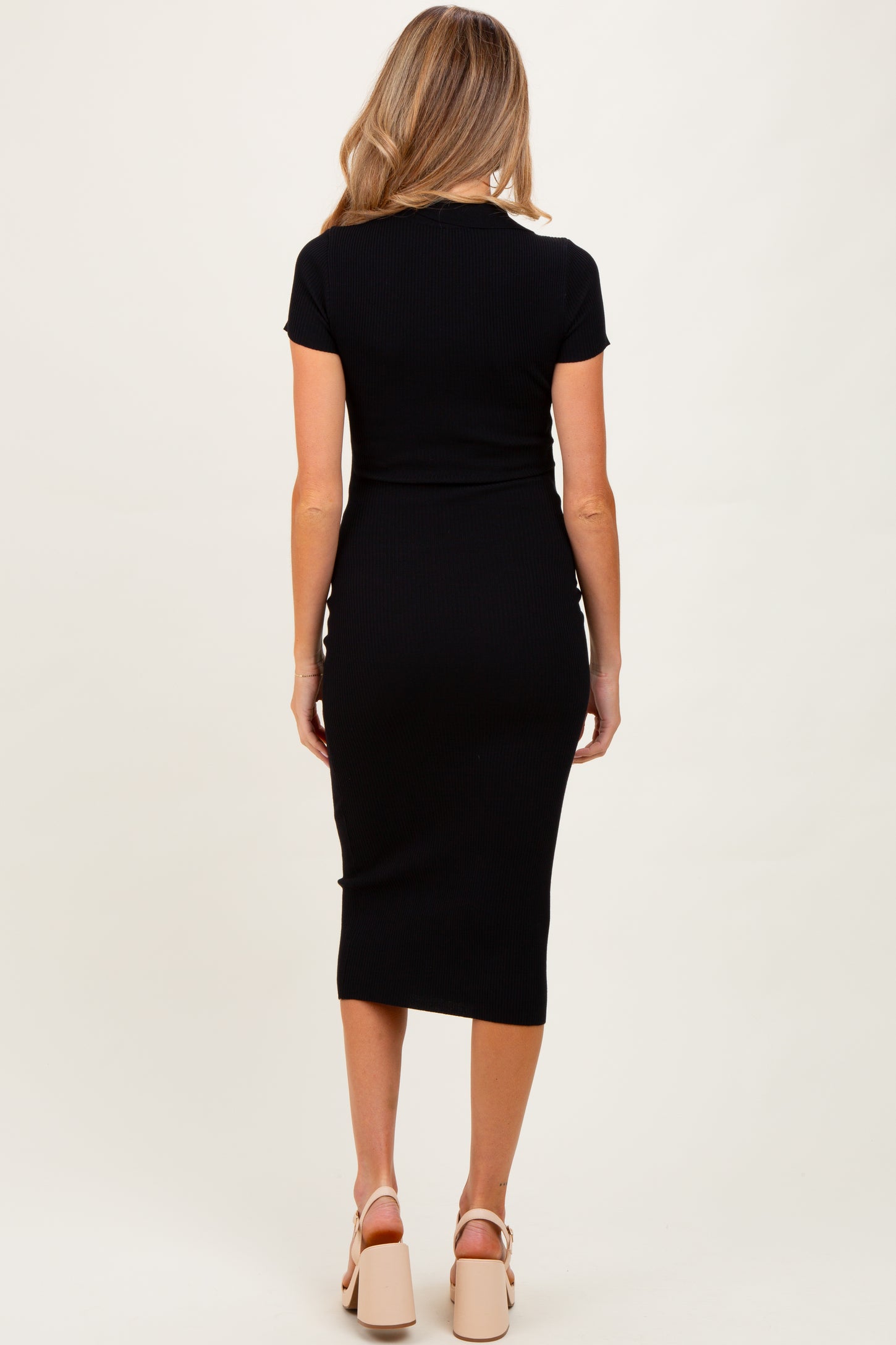 Black Ribbed Knit Maternity Midi Polo Dress