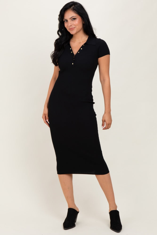 ribbed midi polo dress Linen Ribbed Midi Polo Dress in Pebble Grey