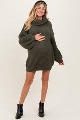 Olive Turtleneck Puff Sleeve Maternity Sweater Dress