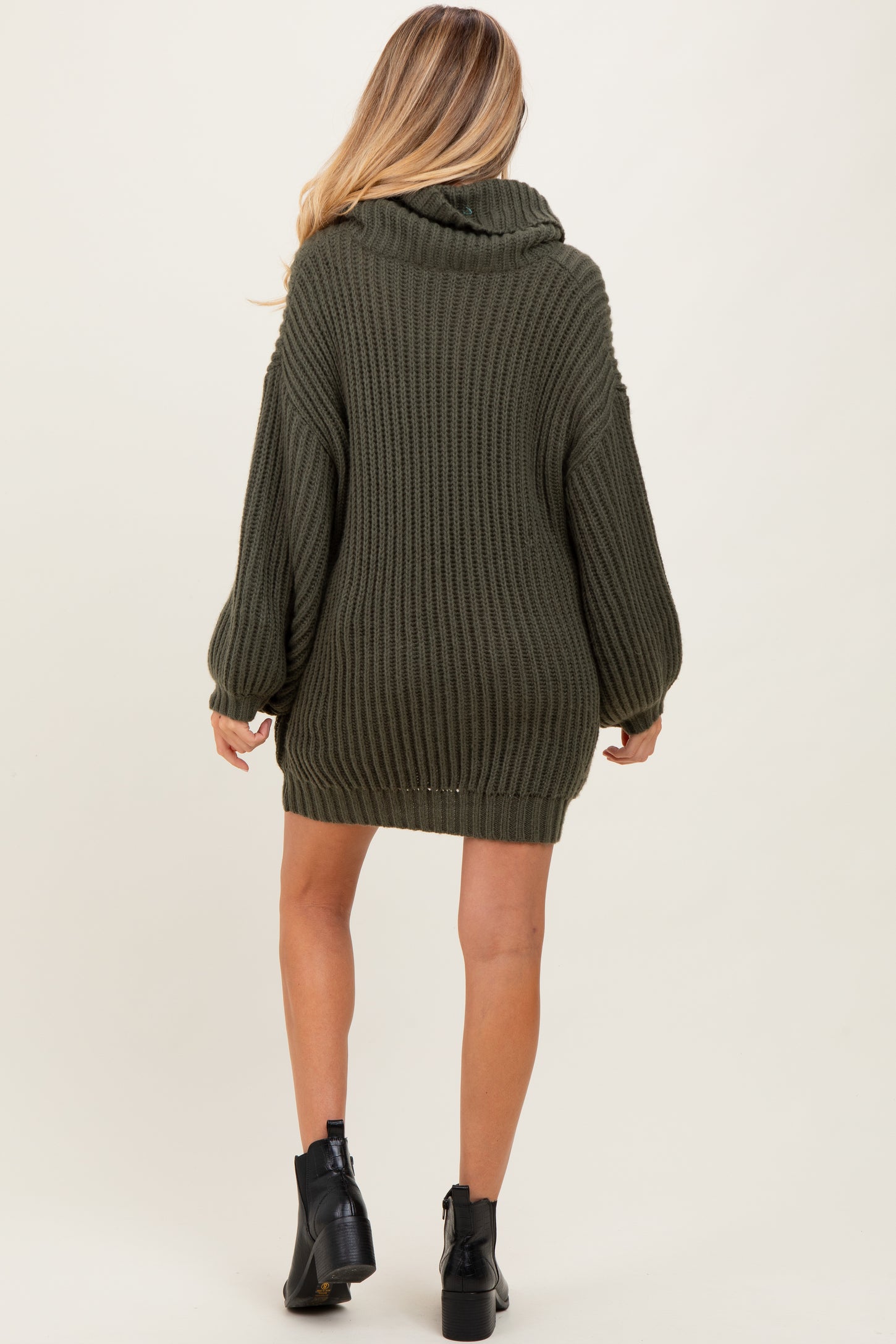 Olive Turtleneck Puff Sleeve Maternity Sweater Dress