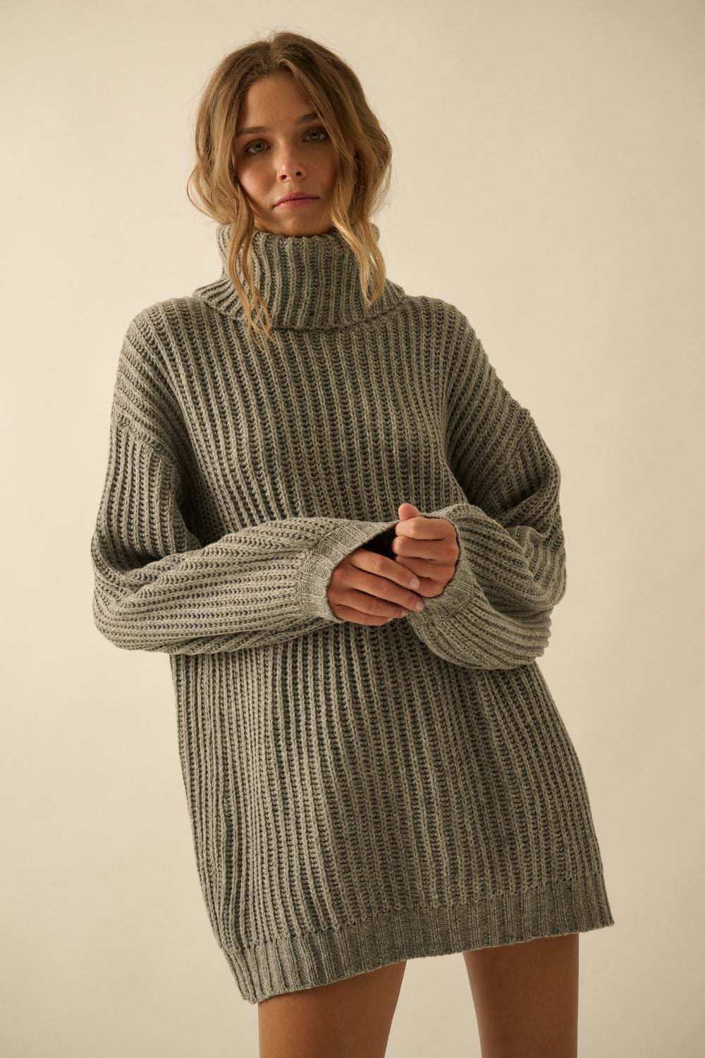 Grey Turtleneck Puff Sleeve Sweater Dress