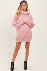 Pink Turtleneck Puff Sleeve Maternity Sweater Dress