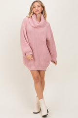 Pink Turtleneck Puff Sleeve Sweater Dress