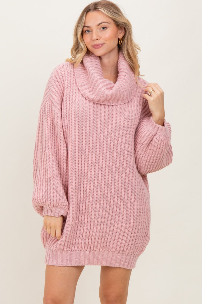 Pink Turtleneck Puff Sleeve Sweater Dress