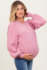 Pink Ribbed Bubble Sleeve Maternity Knit Top