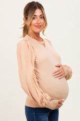 Beige Ribbed Bubble Sleeve Maternity Knit Top