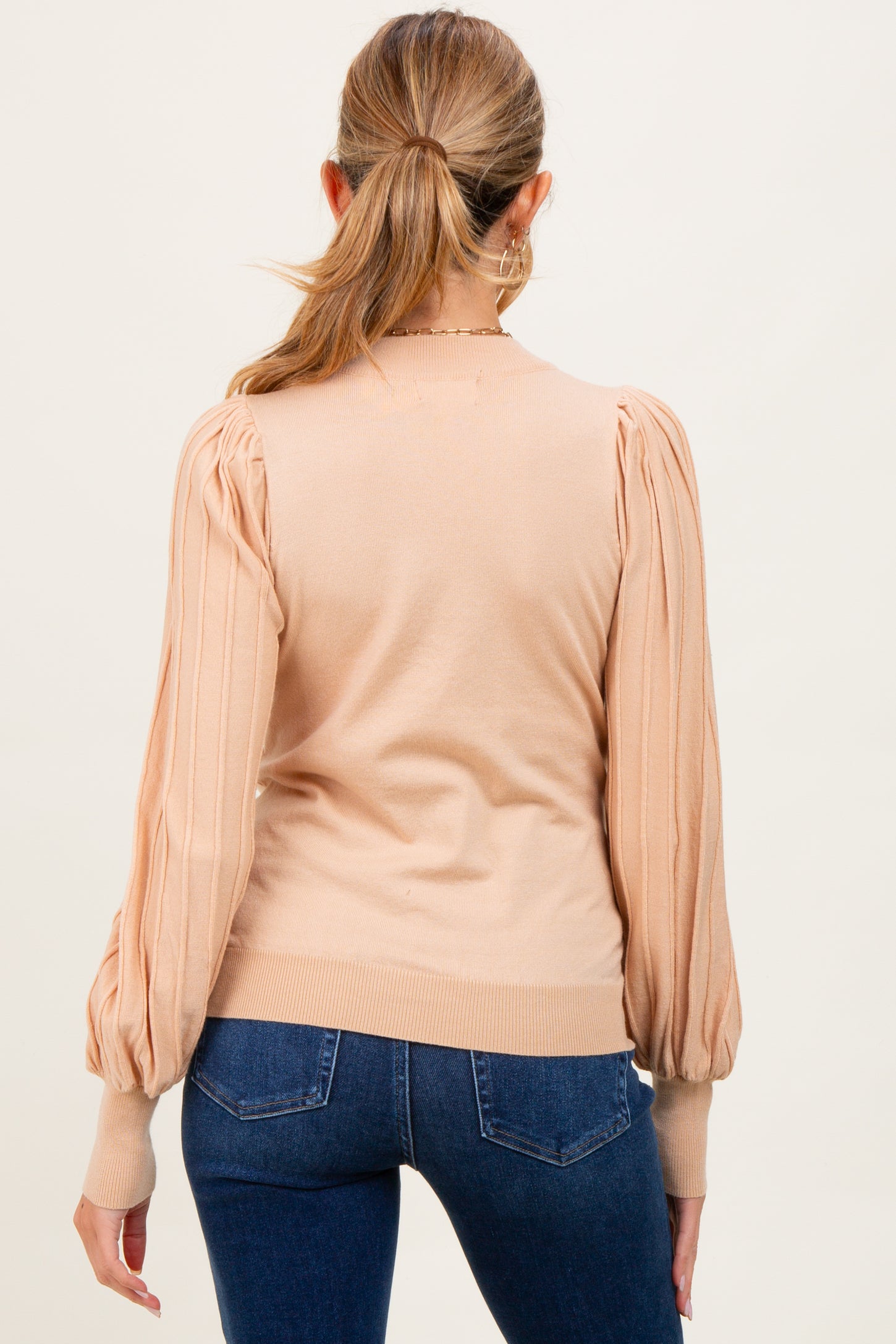 Beige Ribbed Bubble Sleeve Maternity Knit Top
